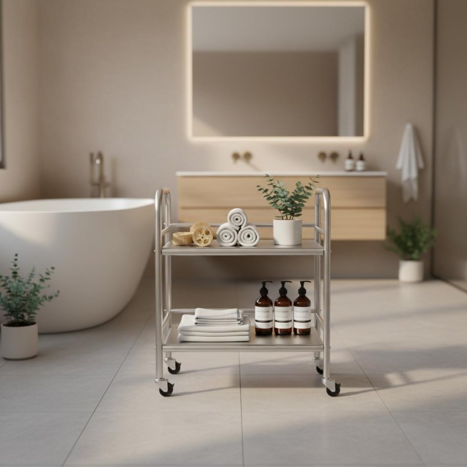 Carrello da Cucina in Acciaio Inox Multiuso Carrello Cucina in Acciaio Inox Alta Portata Organizzazione Casa, Carrello A Due Ripiani Con Quattro Sponde In Acciaio Inossidabile 50x40x71 Cm