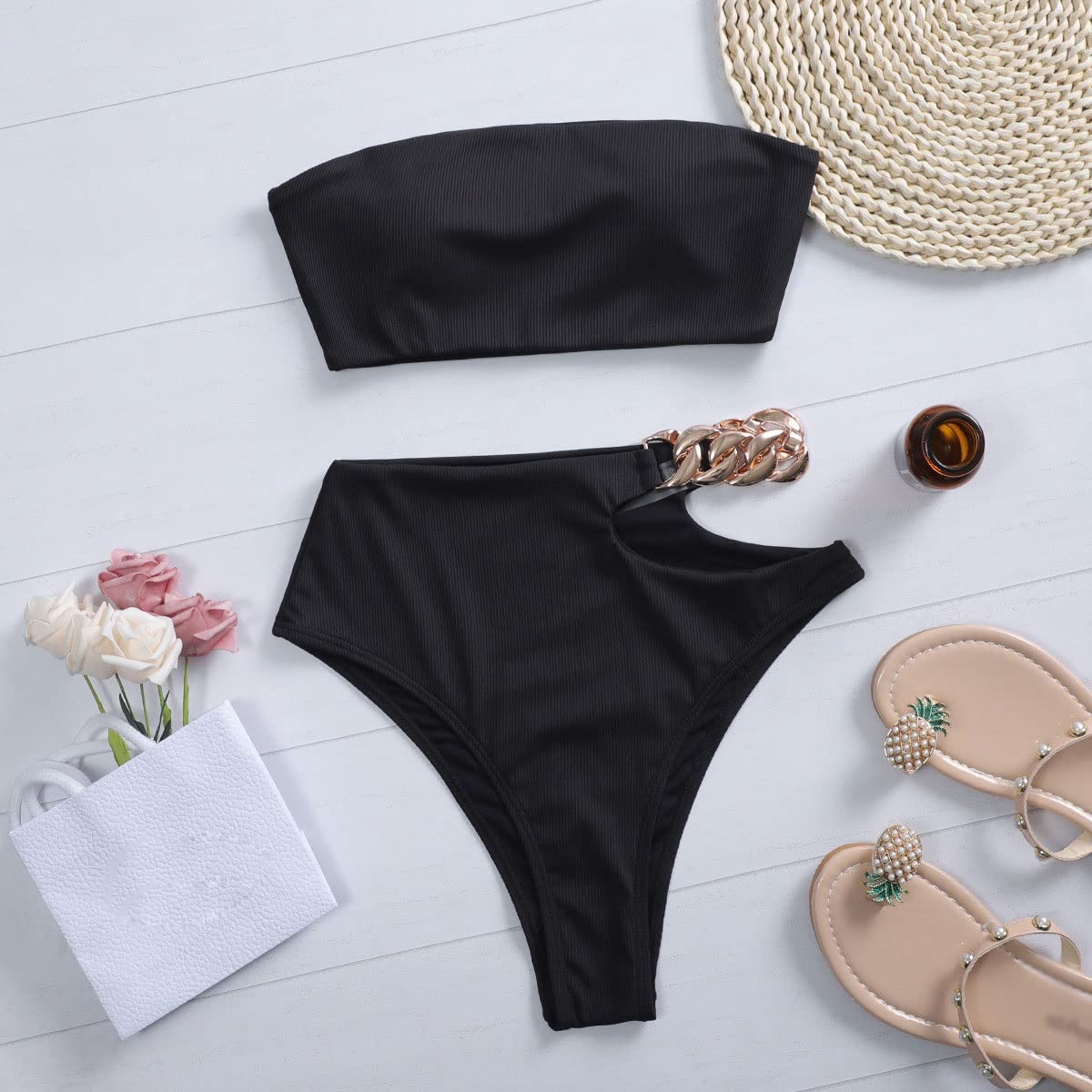 Bikini Set Asymetryczny bandeau Kobiecy strój kąpielowy z wysokim stanem Kobiety Stroje kąpielowe Łańcuch Kąpiący Kostium kąpielowy Swim Summer (Kolor: Pomarańczowy, Rozmiar: Kod M) (Pomarańczowy M)