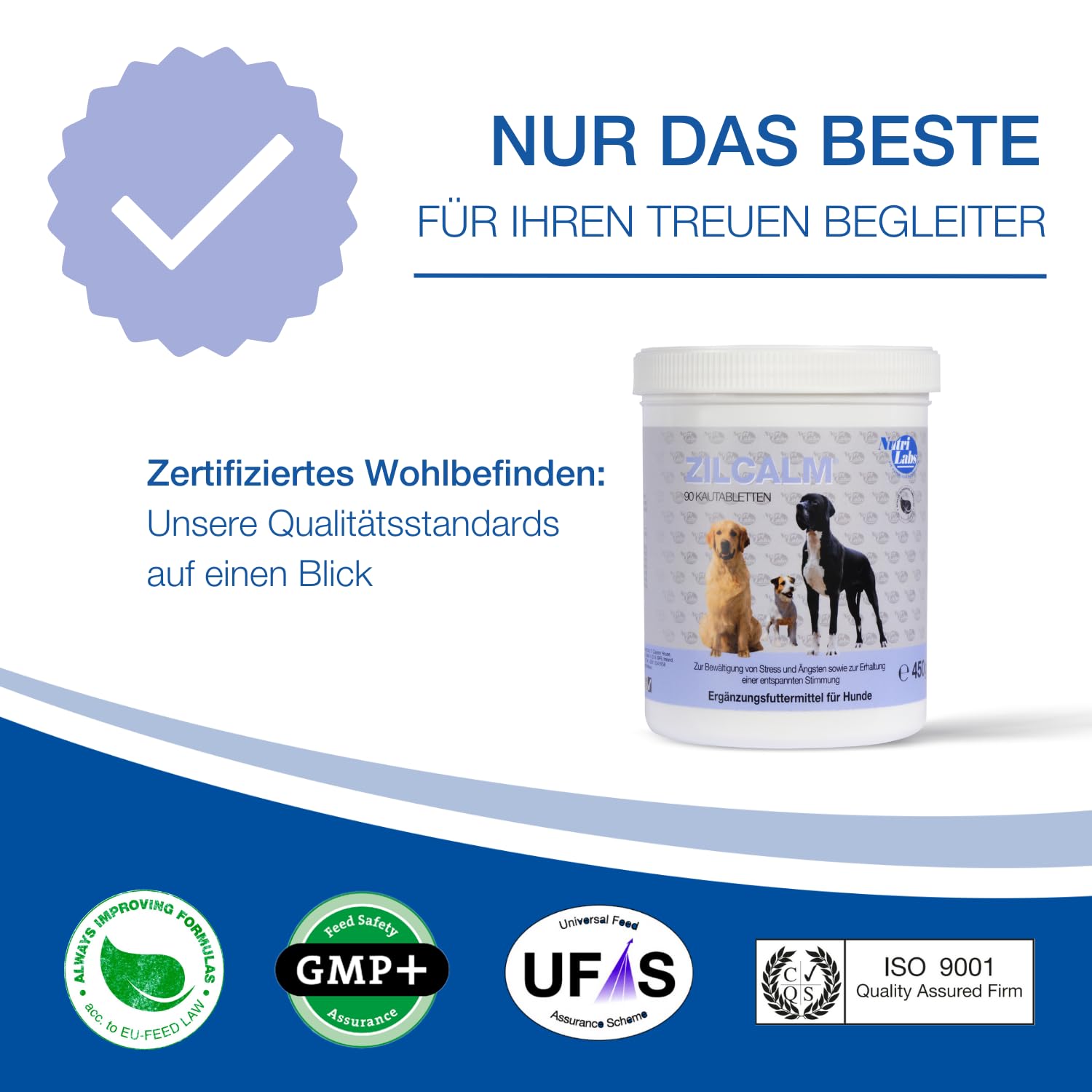 NutriLabs Zilcalm Tabletki uspokajające dla psów - 90 szt. - z białkiem mleka, ashwagandhą, probiotykami, tryptofanem L itp. - produkty uspokajające dla psów - suplement diety dla psów