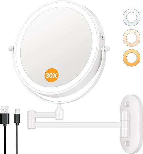 Miniatura 13 de Auxmir Espejo de maquillaje montado en la pared 1X/30X con luz, espejo de aumento recargable de doble cara de 8 pulgadas, espejo de tocador cromo