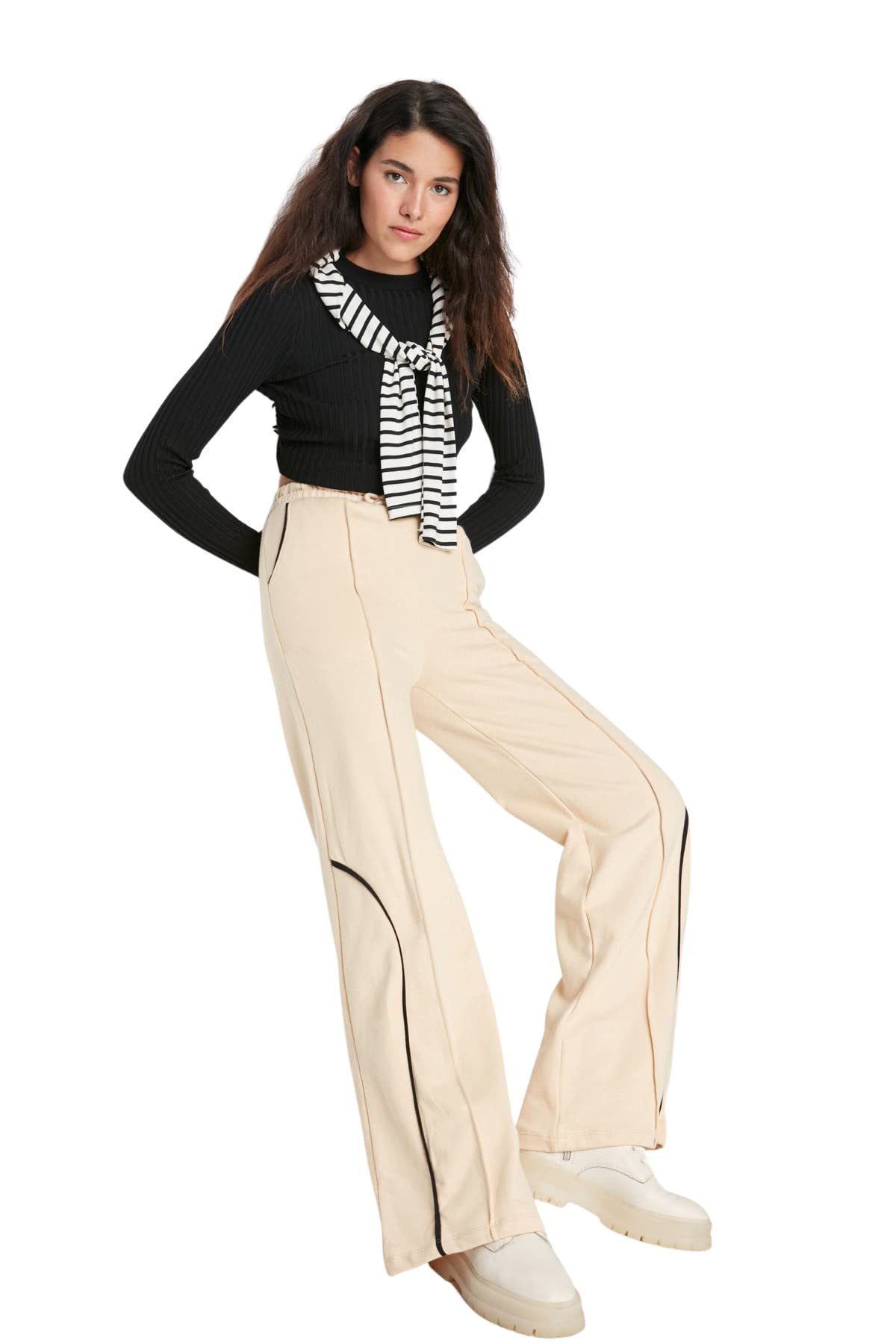 Trendyol Man High Waist Wide Leg Sweatpants, Beige, L