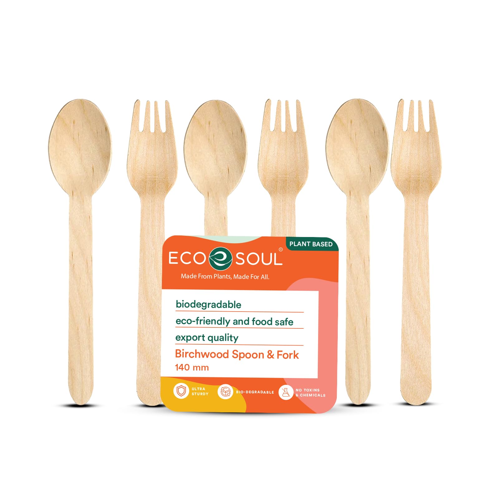 ECO SOUL [140mm, 200 Pack] Disposable Spoons & Fork Set| Wooden Dining Flatware | Ideal for Kids Birthday, Wedding & Party