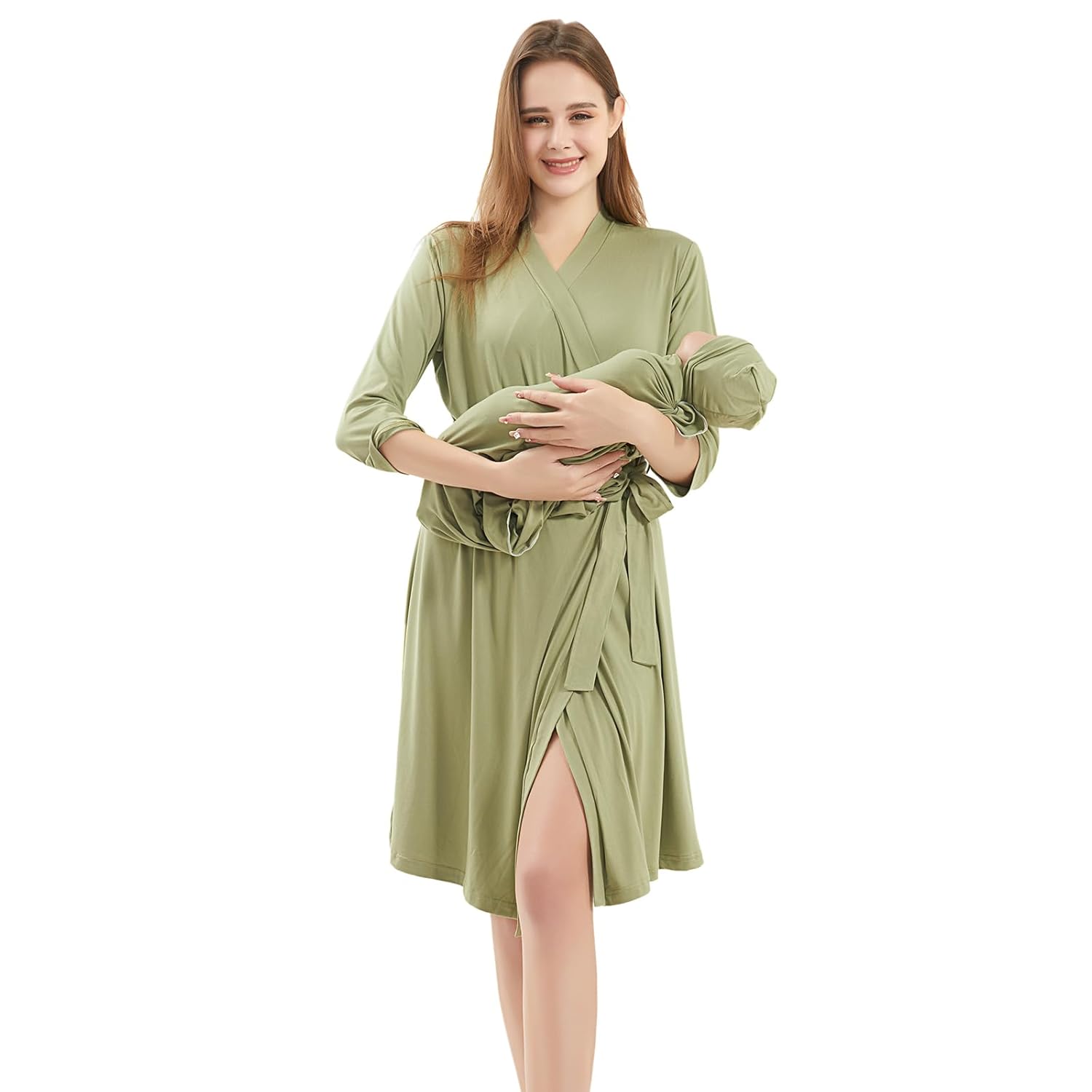 Galabloomer Maternity Robe and Baby Receiving Blanket, Matching Mommy Labor Delivery Robe and Swaddle Set (m, sage)