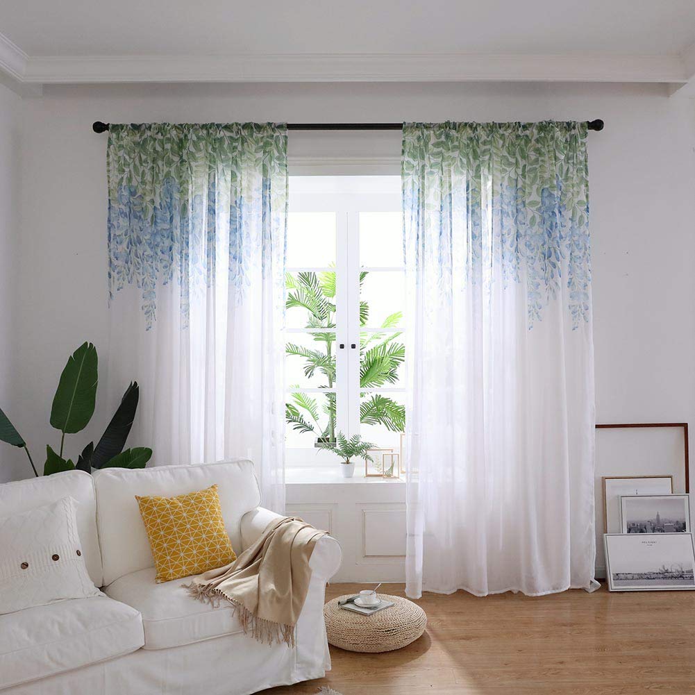 BOYOUTH Wisteria Flower Pattern Print Voile Sheer Curtains Rod Pocket Window Treatment Drapes Panel for Bedroom Living Room,Blue,39x78-Inches,2 Panels