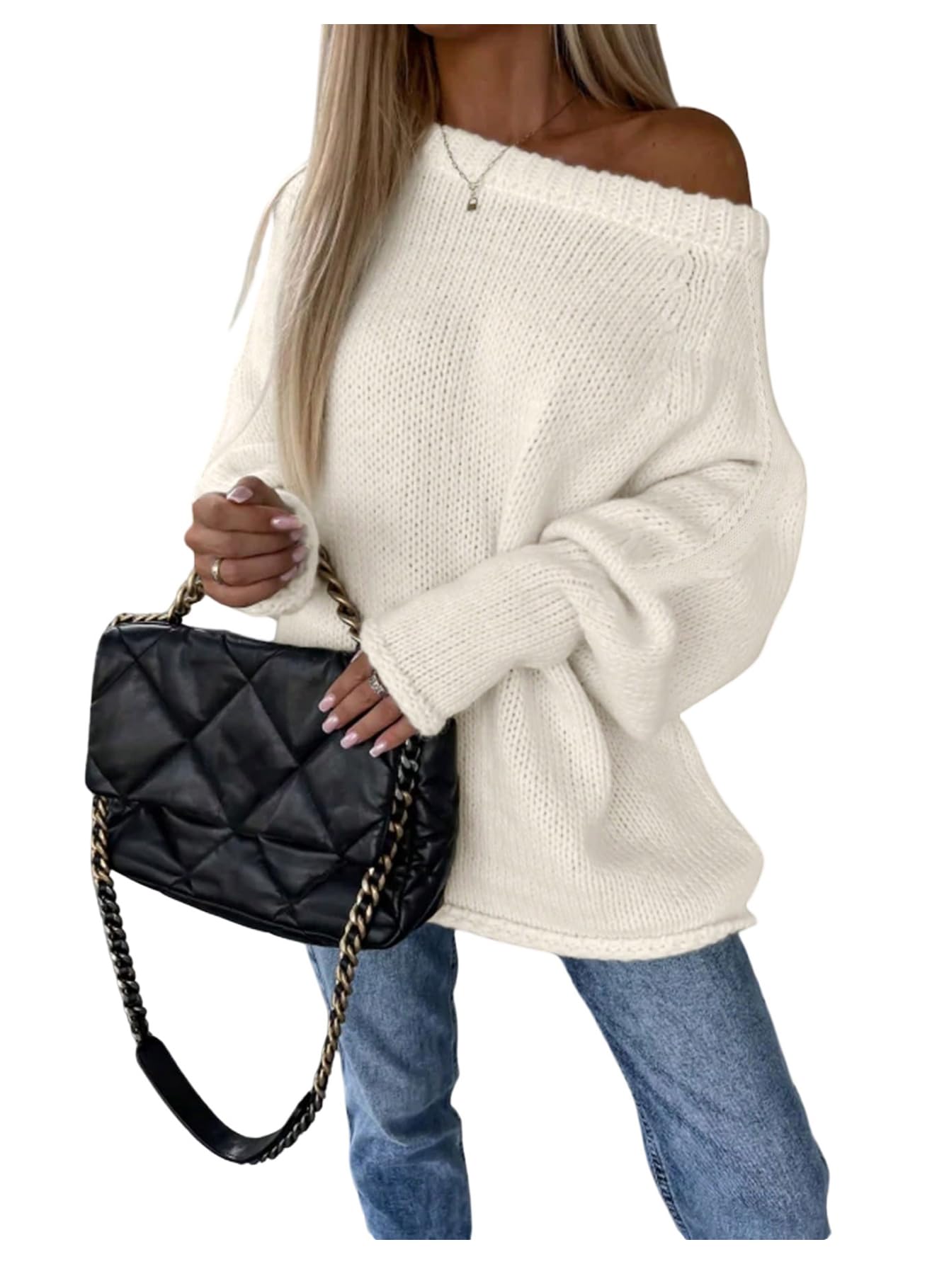 GORGLITTER Womens Off The Shoulder Sweater Oversized Long Sleeve Knit Loose Pullover Long Sweaters Tops Jackets Outfits
