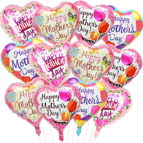 12 Pcs Happy Mothers Day Balloons Set 18 Inch Floral Heart Mothers Day Balloon for Mothers Day Party Decorations Mothers Day Decorations for Home Party Supplies
