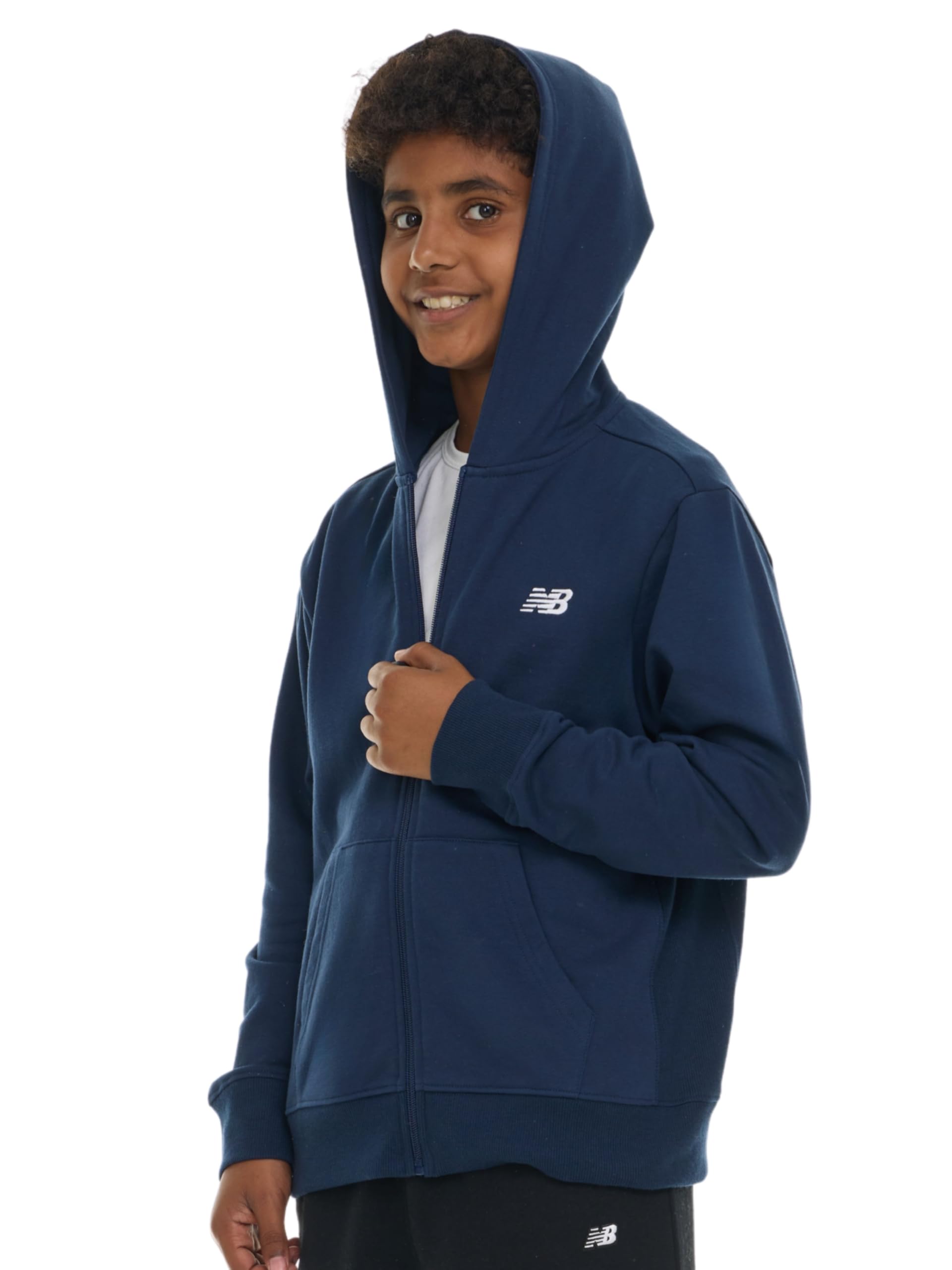 new balance boys zip up hoodie – full zip premium cotton blended fleece sweatshirt with lined hood, comfortable fit navy