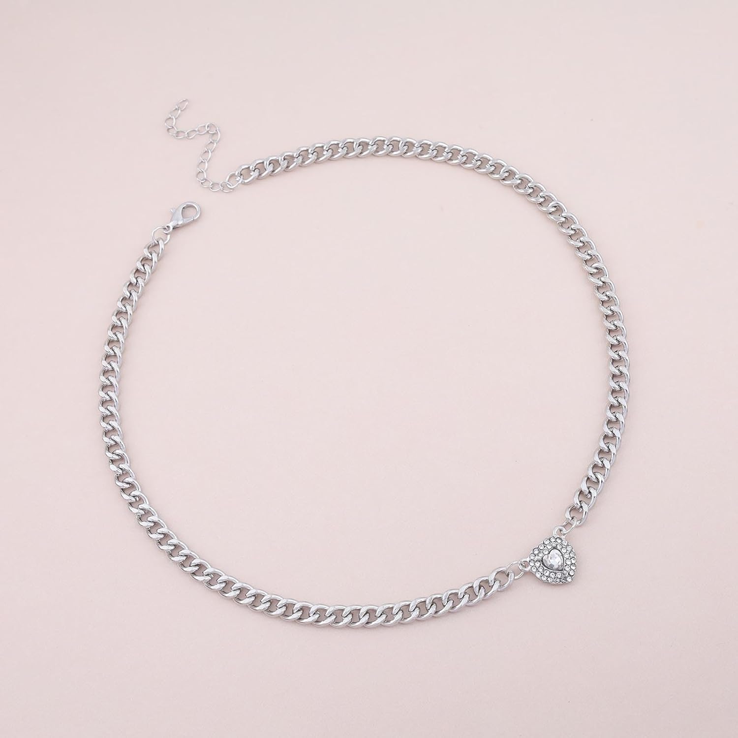 Bohemian Crystal Heart Choker Necklace Paved Cz Heart Pendant Necklace Silver Curb Chain Collar Necklace Rhinestone Heart Chunky Link Chain Necklace Jewelry for Women Gifts - Image 4
