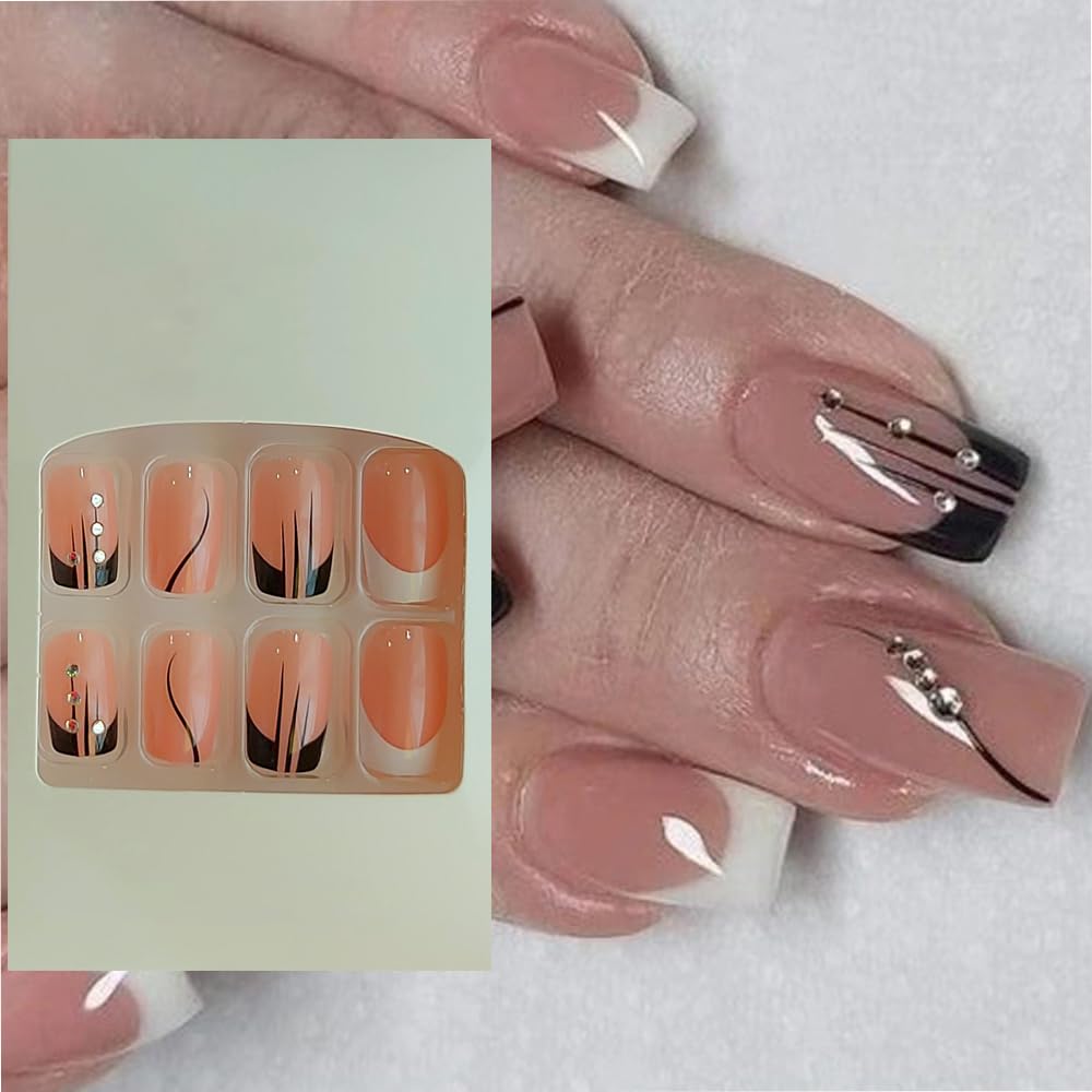 S.A.V.I 24Pc Nude French Manicure Press-On Nails - Long Square Shape with Adhesive Tabs & Liquid Glue