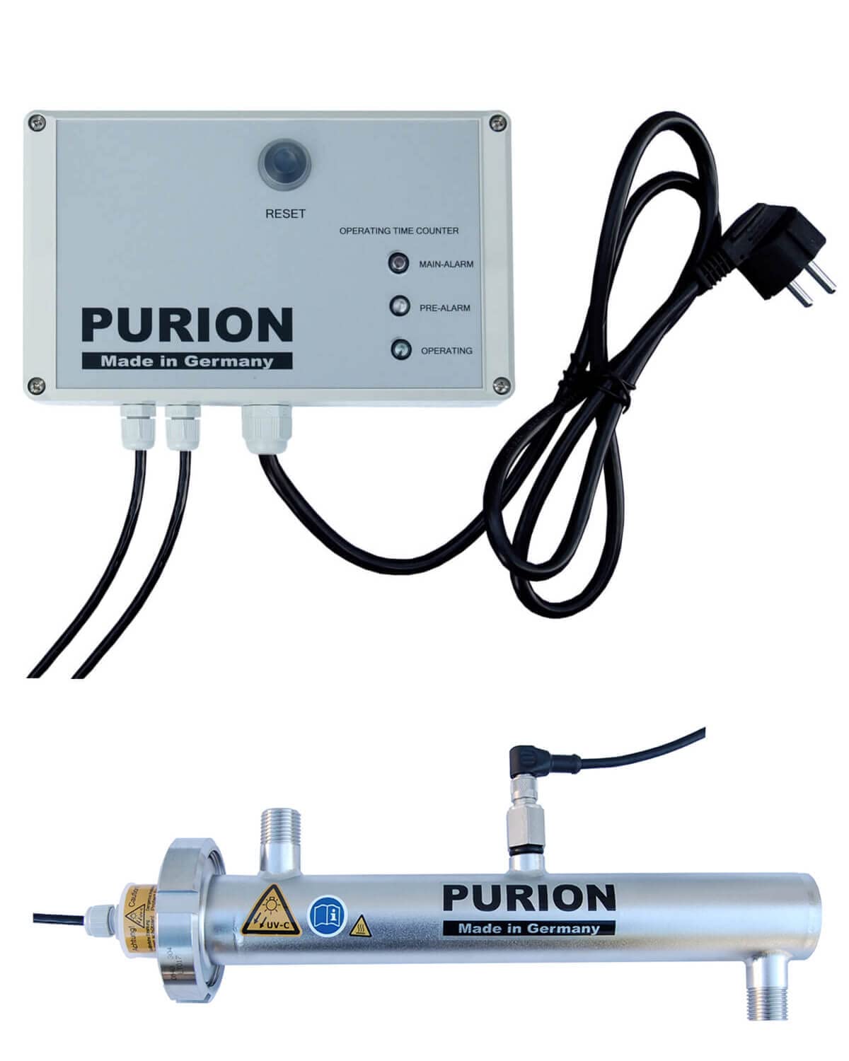 Sistema UV de corriente alterna PURION 500 con capacidad de desinfección de 10 W y 400 l/h, clarificador de agua de acero inoxidable con control de sensores