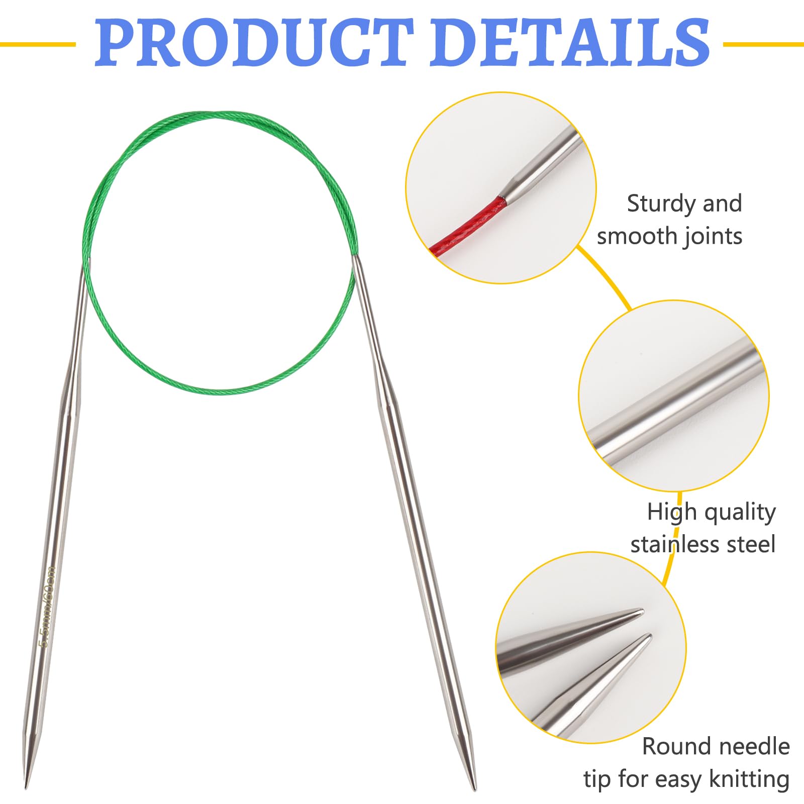 Reessy 5.5 mm Circular Knitting Needles 60 cm Long, Stainless Steel Round Knitting Needle with Flexible Cable - Image 3