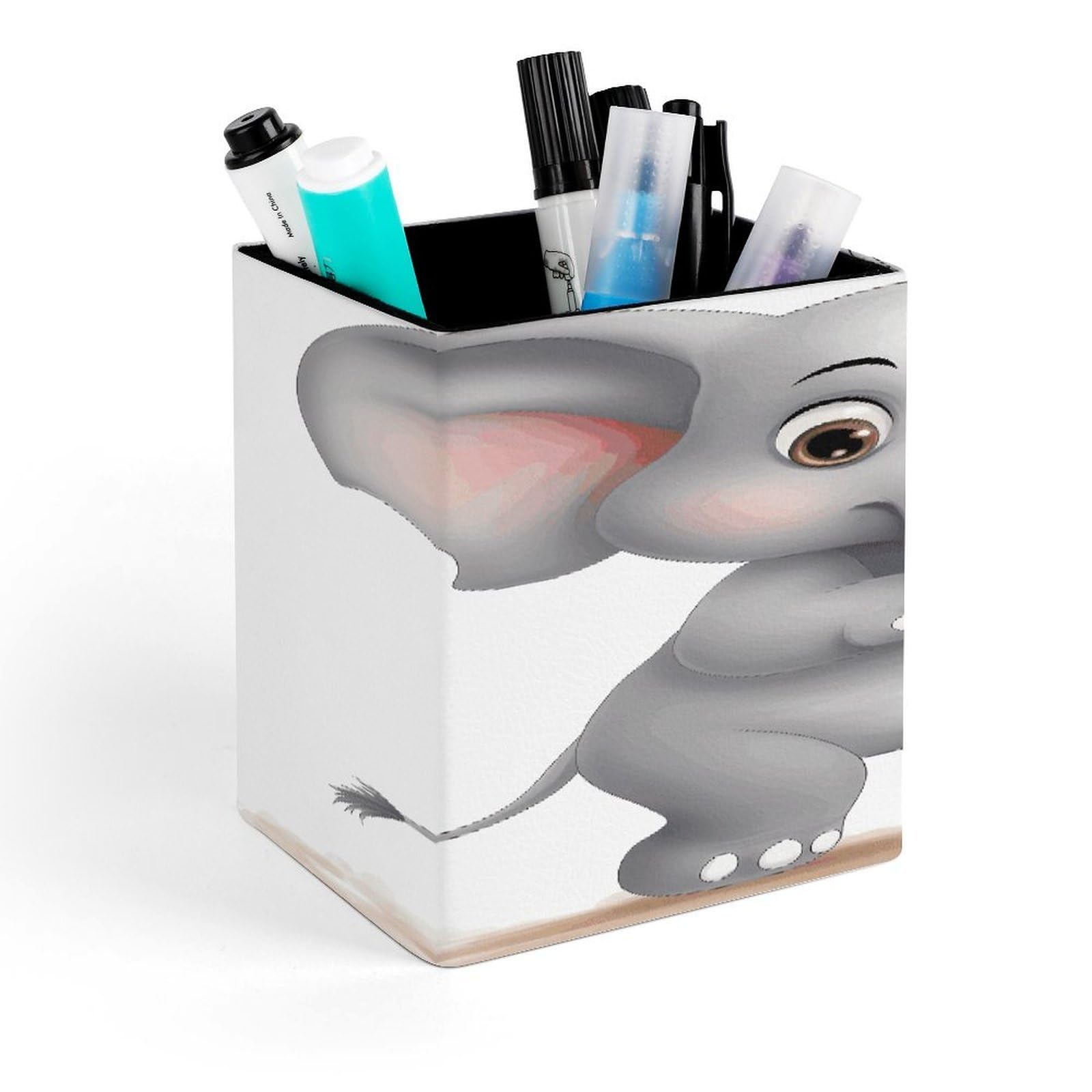 JTREHY Cute Elephant Pen Holder Square Pen Pencil Holder Makeup Brush Holders Cup PU Leather Pencil Cups Desktop Caddy Stationery Organizer Case Office Accessories Container Box