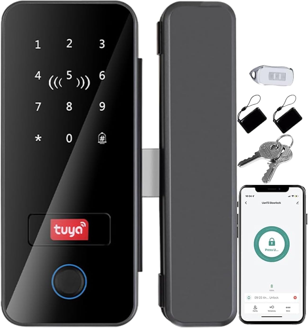 Smart Glass Door Lock Tuya Bluetooth Electronic Fingerprint Door Lock for Office Door, App,Card,Passcode,Remote Control and Keys Unlock