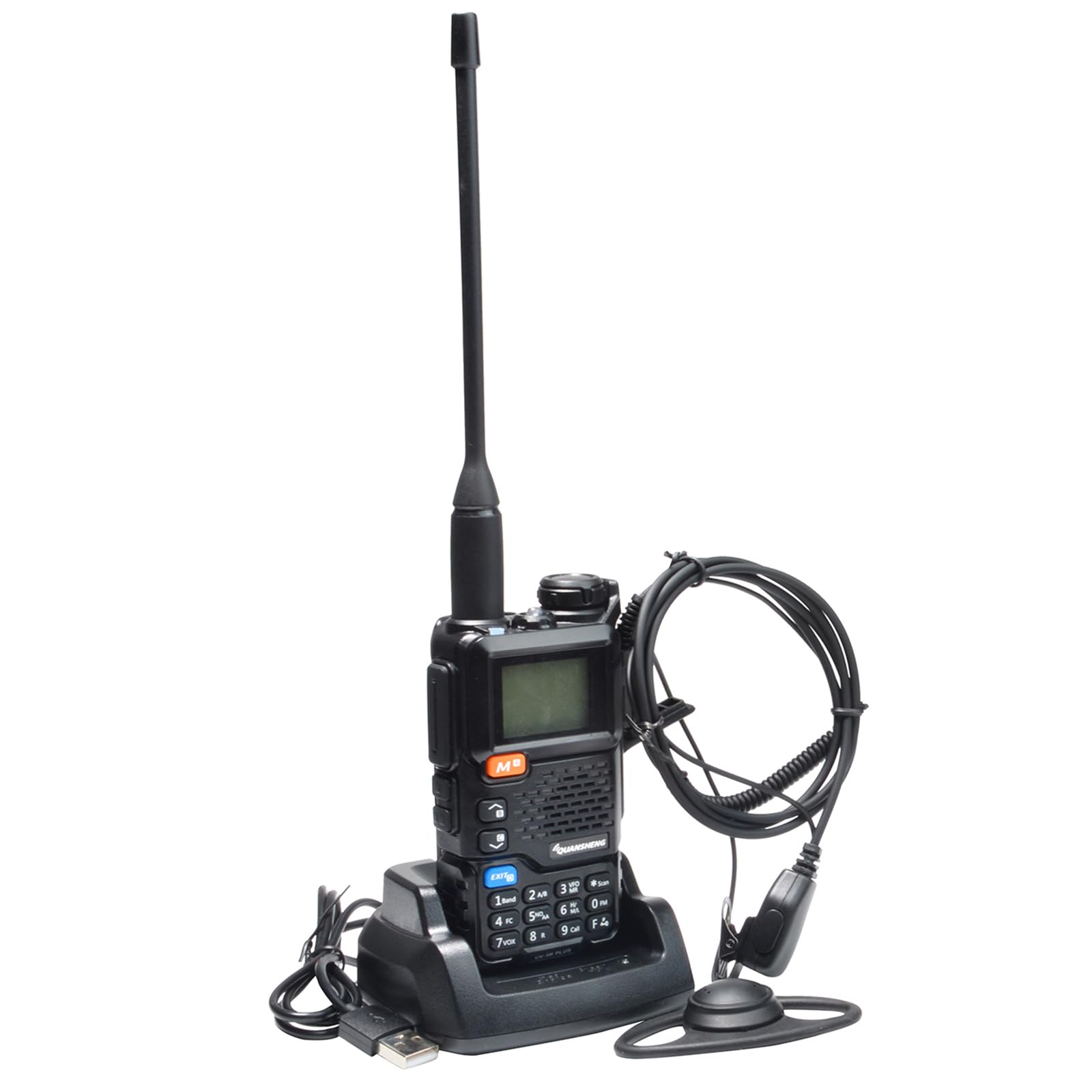 QUANSHENG UV-5RPLUS Funkgerät 5W Walkie Talkie großer Reichweite Wiederaufladbare Handfunkgerät für Erwachsene Polizei Radio mit FM, NOAA, Typ-C Ladung, 200 Kanäle (UV-5RPLUS mit D Form Ohrhörer)
