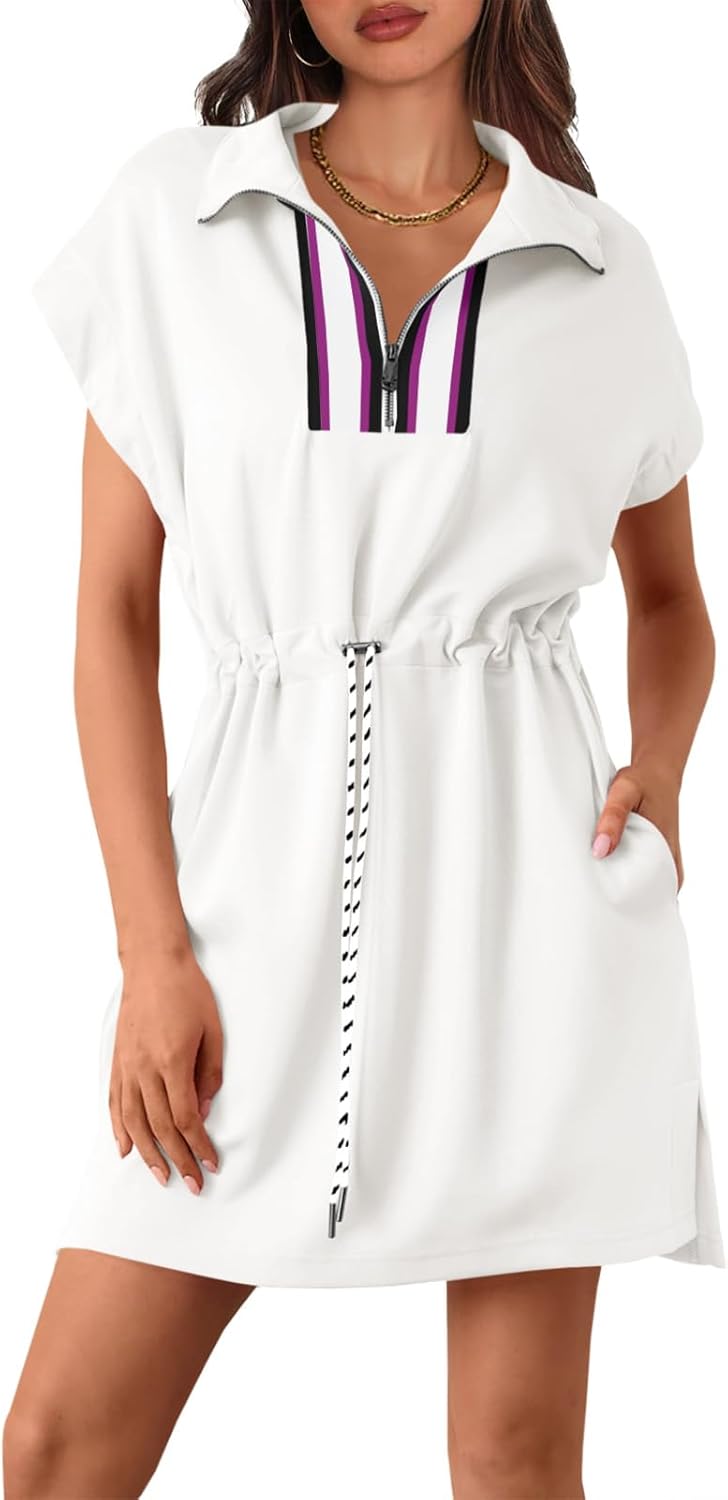 Fisoew Womens Short Sleeve Mini Dress Summer Quarter Zip V Neck Casual Sweatshirt Dresses with Drawstring Waist