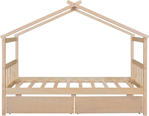 Miniatura 209 de Merax Cama de madera de tamaño matrimonial con nido, marco de cama de madera con techo para niños, adolescentes, niños o niñas, color blanco