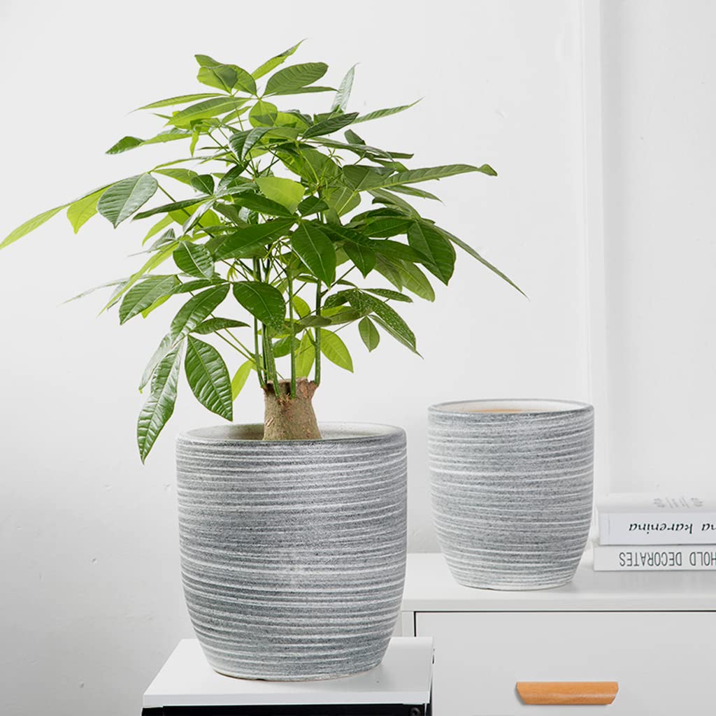 Vasi da Giardino Vaso da Fiori in Ceramica con Linea Grigia Spazzolata, Decorazione Domestica Moderna, vasi per Piante da 6/8/10 Pollici con Fori di Scarico e piattino