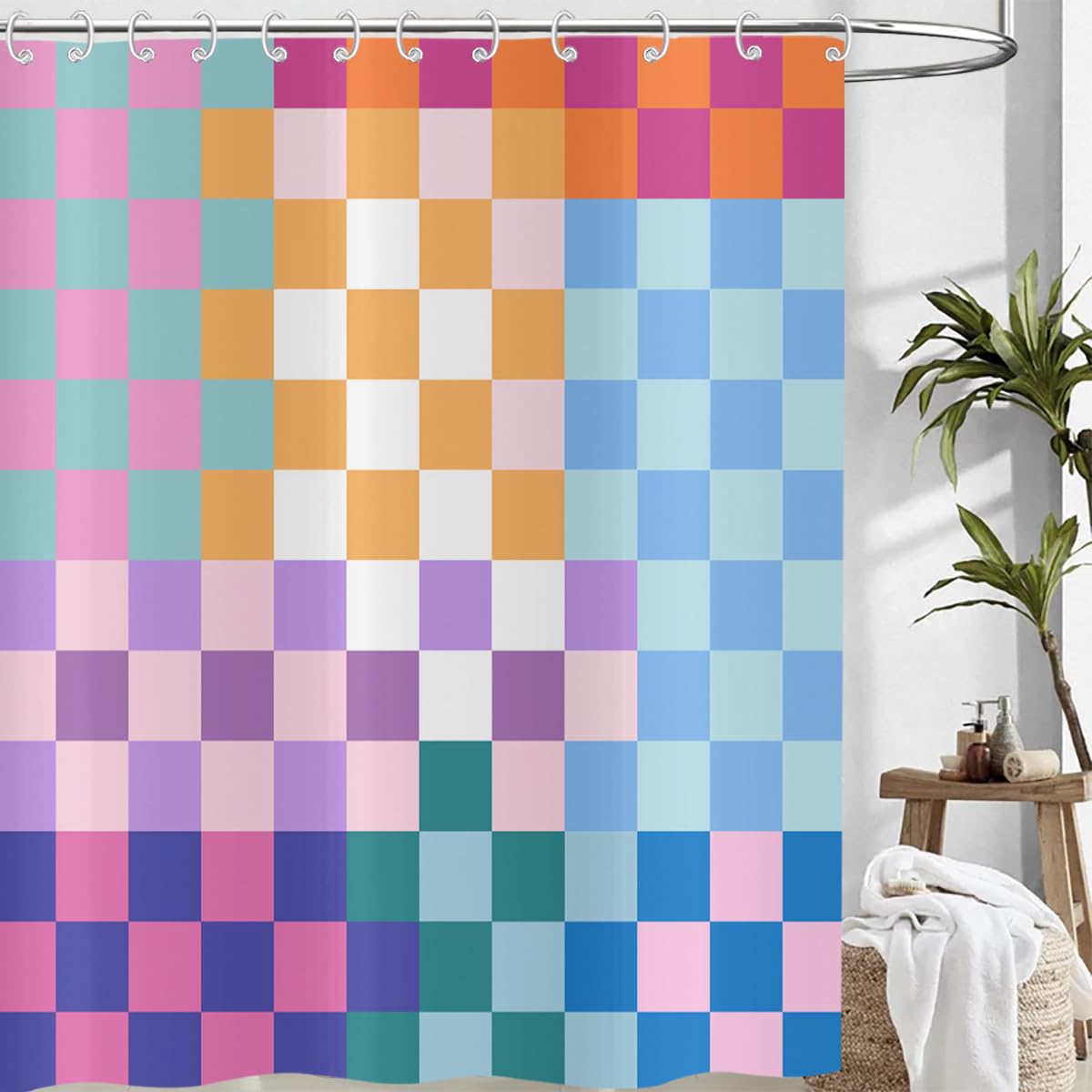 Rideau de douche 200x180 carreaux colorés géométriques en tissu imperméable