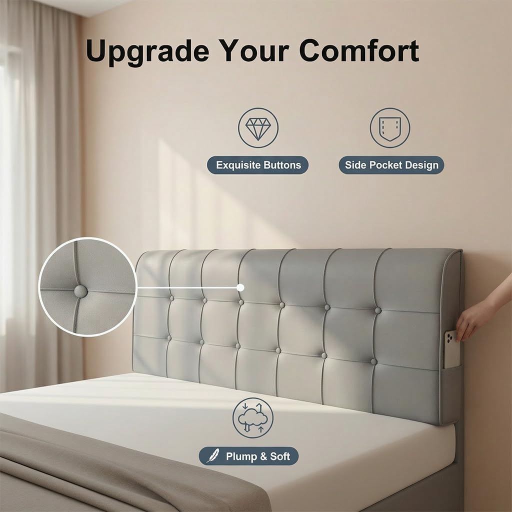 Wall Headboard Pillow Universal Fit - Premium Flannel Ergonomic Back Support with Side Pocket, Tool-Free Installation for Dorms/Bedrooms/RVs (Gray, Full (47 in x 24 in x 4 in))