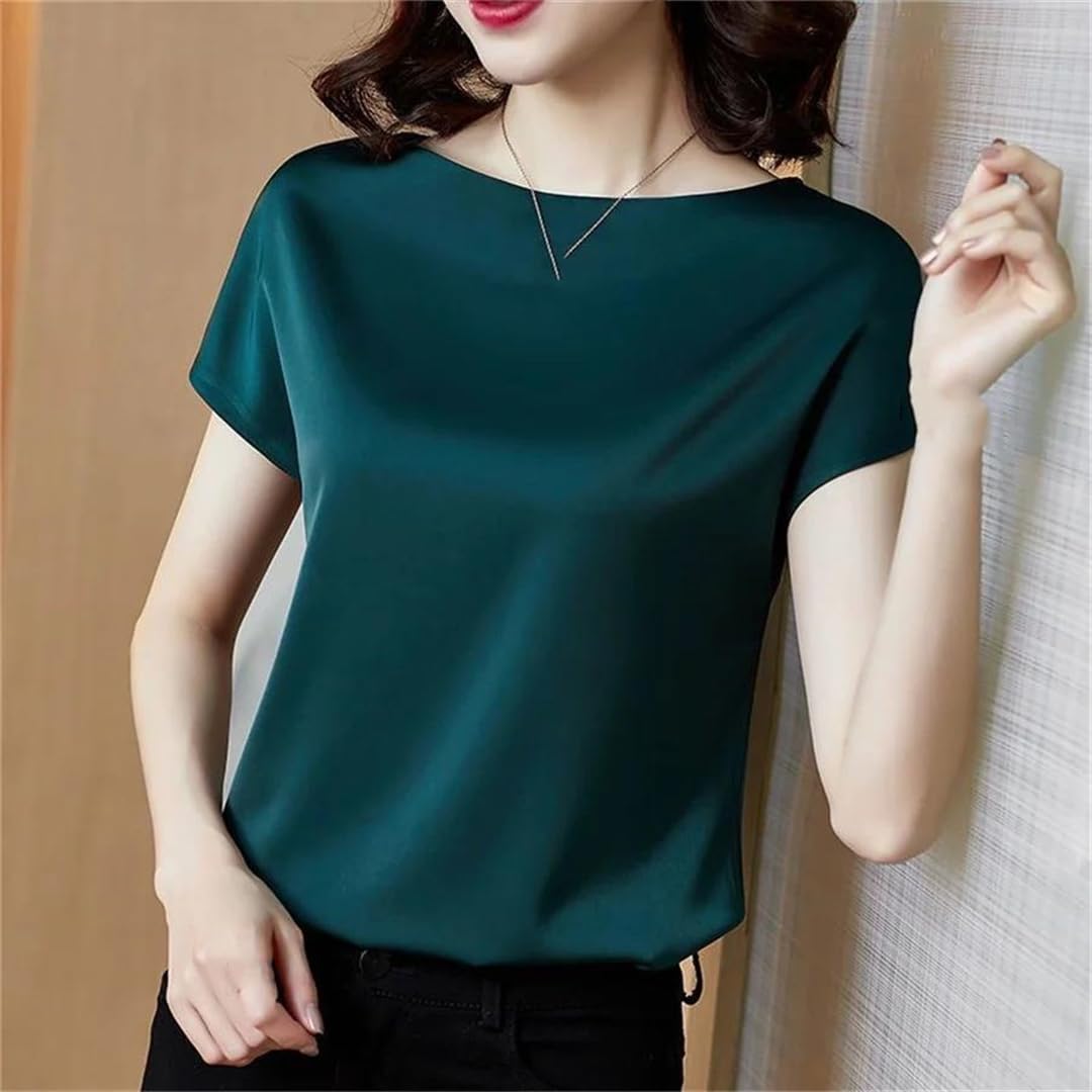 Camicette da donna in tinta unita, casual, ampie, da ufficio, da donna, estive, a maniche corte, con scollo rotondo, in raso