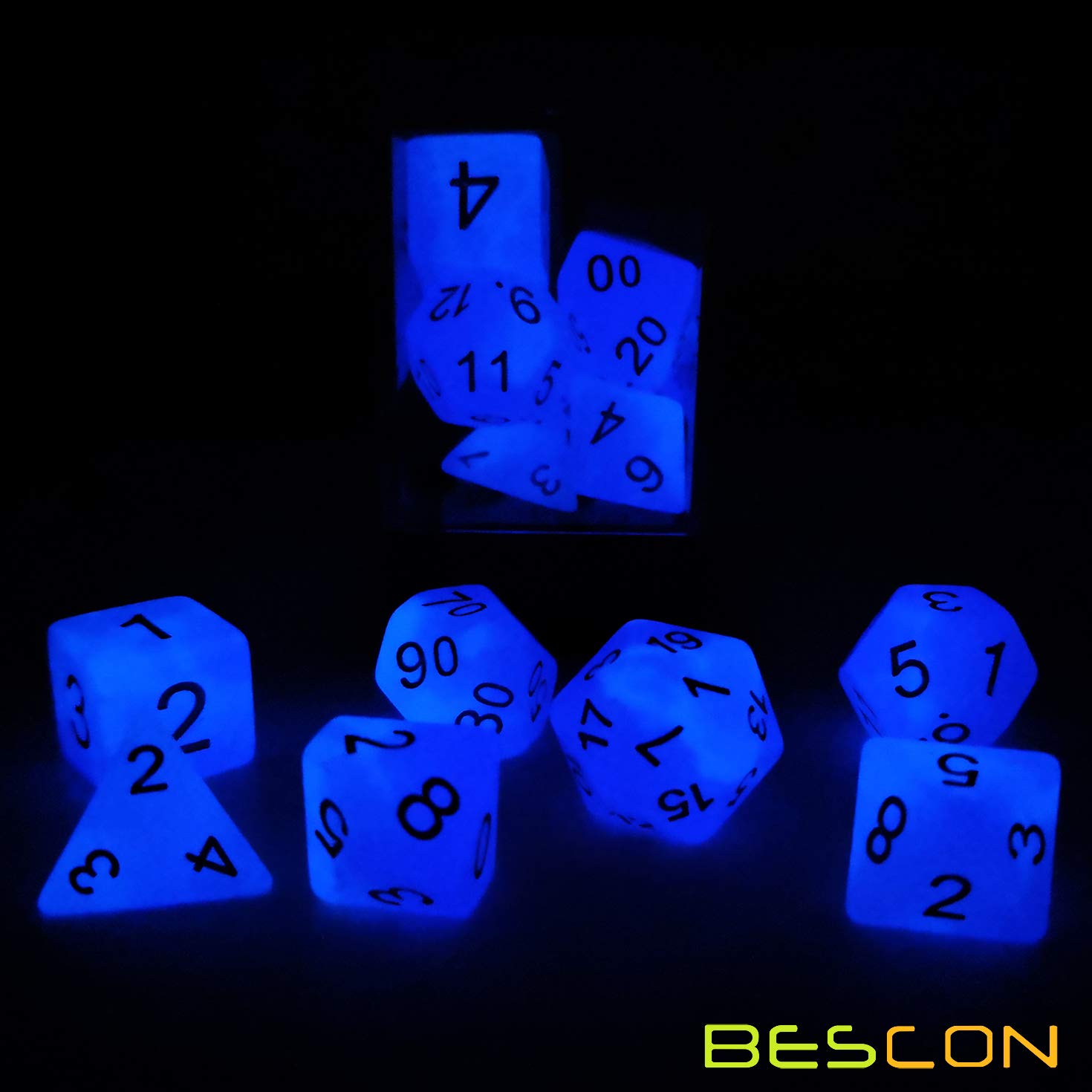 Bescon Two Tone Glowing Polyhedral Dice 7pcs Set FROSTY AMETHYST, Luminous RPG Dice Glow in Dark,DND Role Playing Game Dice - Image 3