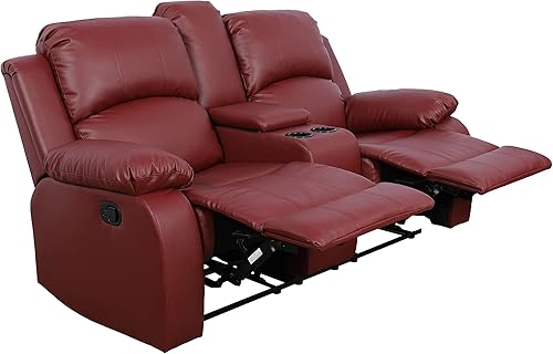Miniatura 6 de GS28XX - Juego de sofá reclinable de 3 piezas, tapicería de cuero regenerado, manual con mesa desplegable y consola central (rojo, 3 piezas)
