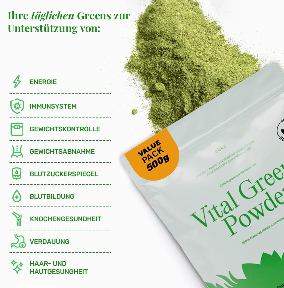 UKKO Vital Greens Superfood Pulver– Spirulina, Matcha, Wheatgrass & 5 Herbs+ Magnesium & Rich in Macronutrients, Micronutrients & Fiber