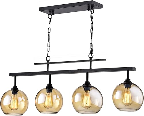 Edvivi Lámpara de araña lineal industrial con pantallas de cuenco de vidrio ámbar, luz de techo negra antigua para isla de cocina, comedor y mesa de