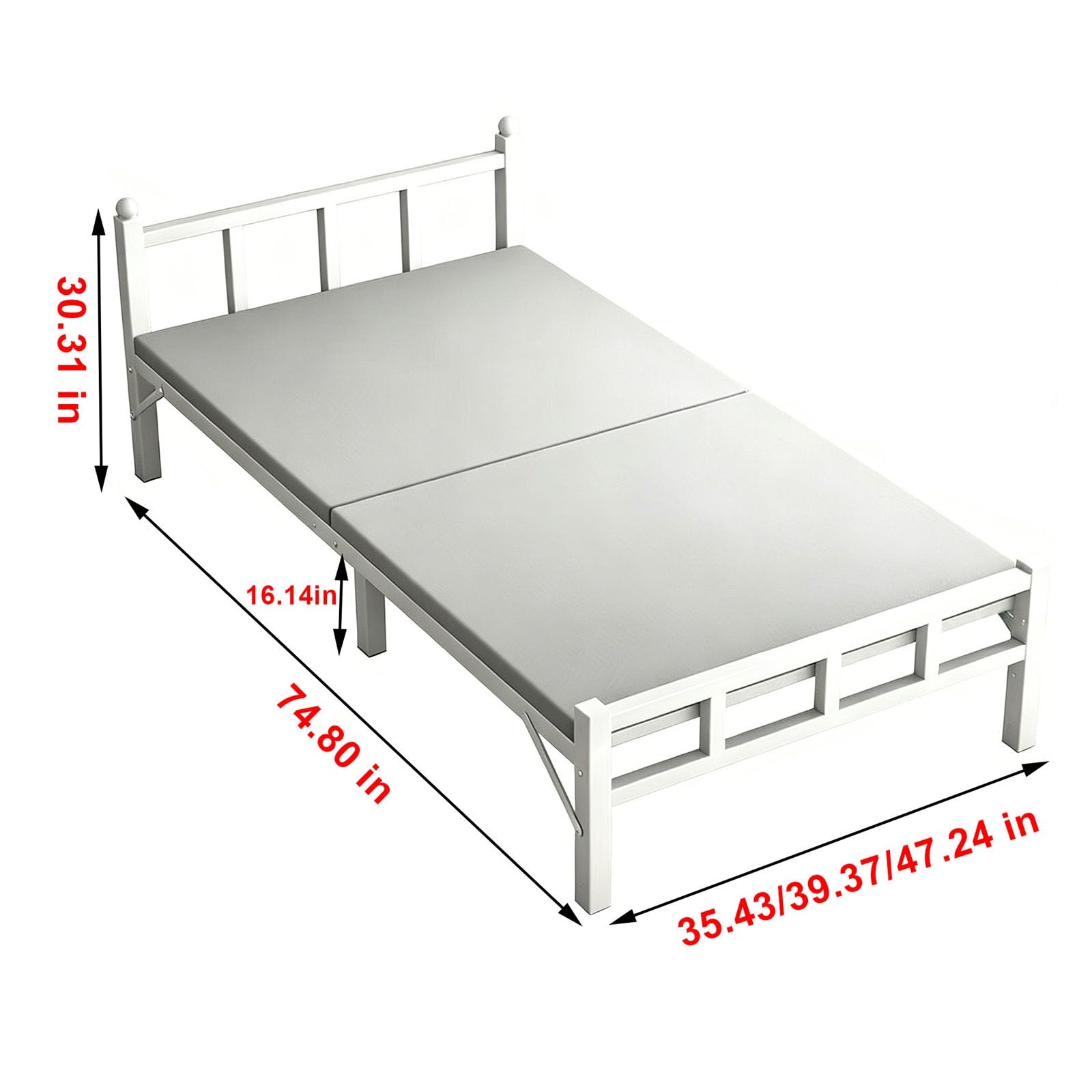Folding Metal Guest Bed Frame with Upholstered Headboard, No Assembly Platform Bed, for Guest Room, Apartment, Multiple Size Options(90x190cm)