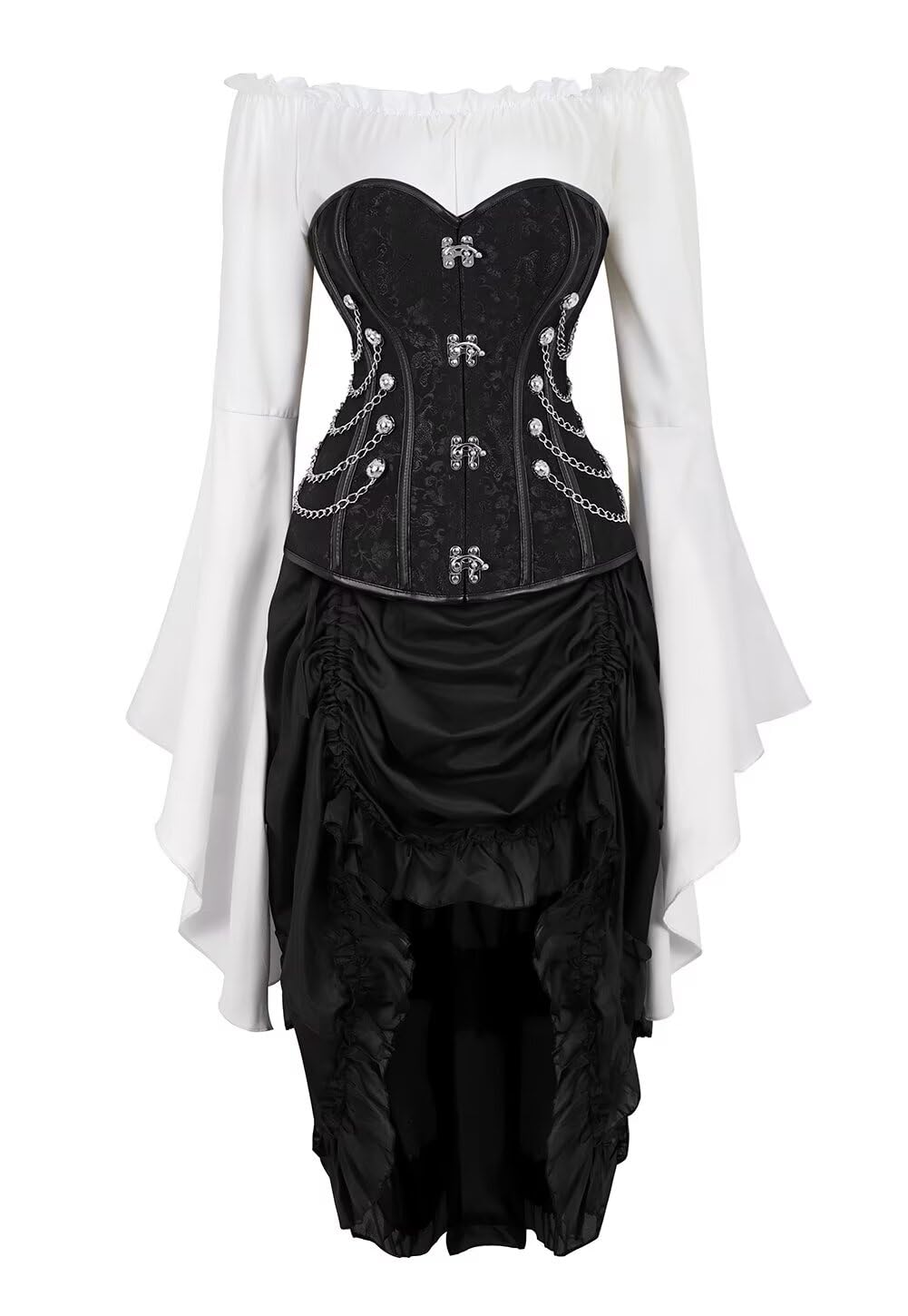 Josamogre Steampunk Corsage Corsagenkleid Korsett Bustier Piraten Kostüm mit asymmetrischer Spitzenrock und Bluse für Karneval Halloween