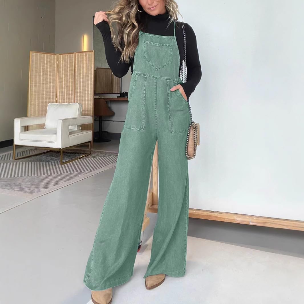 Genérico Mono vaquero de pierna ancha para mujer, informal, holgado, sin mangas, con tirantes finos y bolsillos, para verano