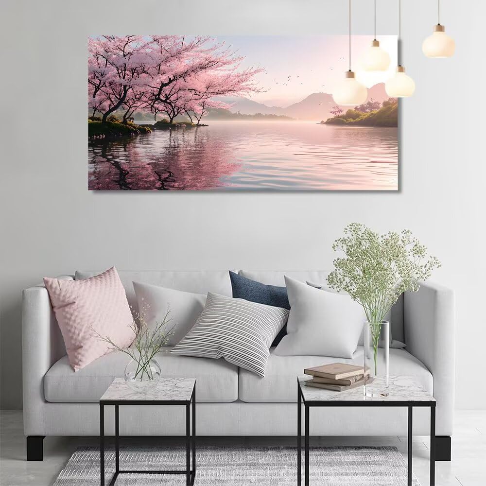 Malen nach Zahlen Kirschblüten Malen nach Zahlen Erwachsene Groß 80x160cm,Paint by Numbers See Malen nach Zahlen Kinder,DlY Handgemalt Ölgemälde Knitterfreie Leinwand Bastelset,Deko Wohnzimmer Q-826