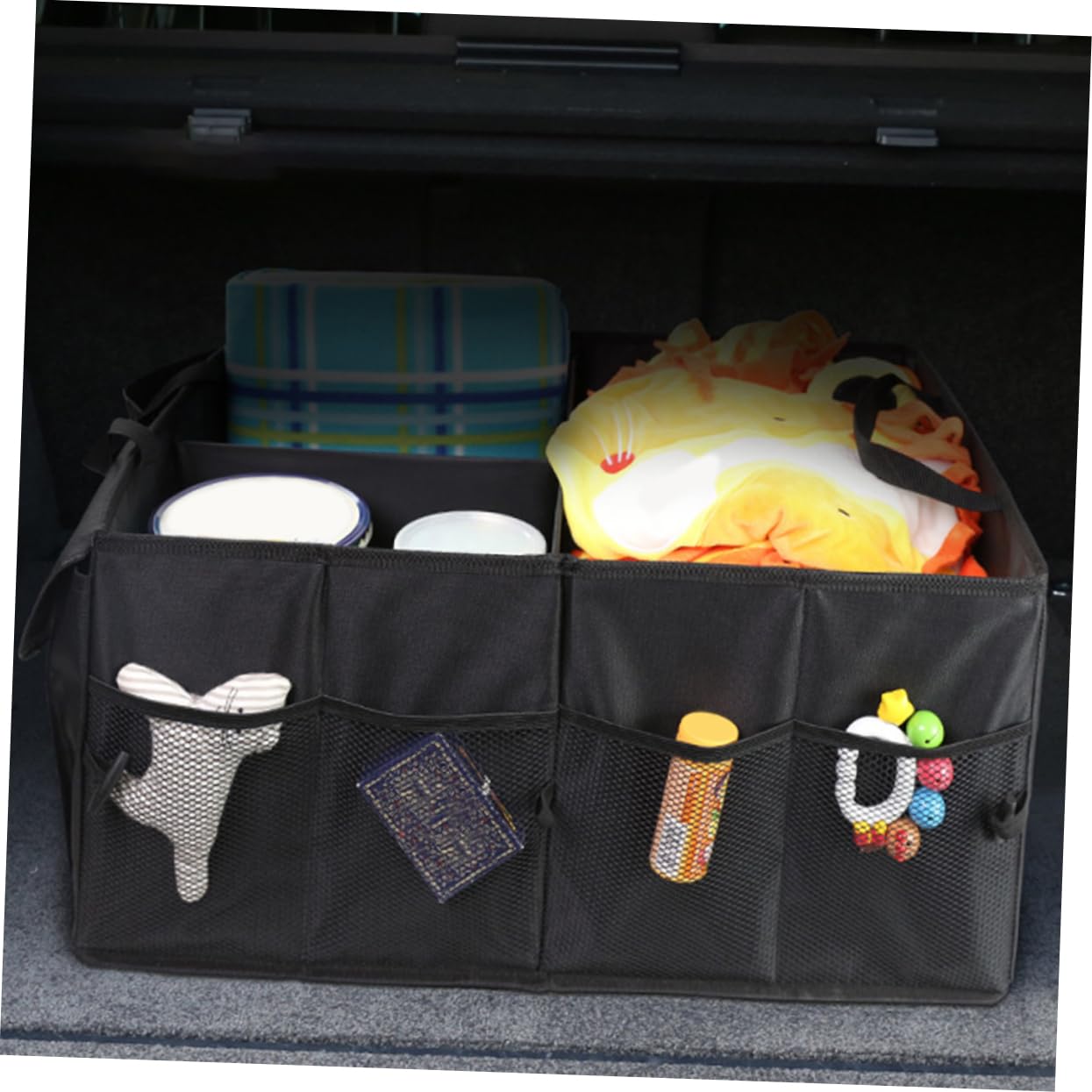 Auto Kofferraum Organizer aus Oxford Stoff Robust und Faltbar mit Mehreren Fächern und Taschen Schwarz für Suv und Autoaufbewahrung