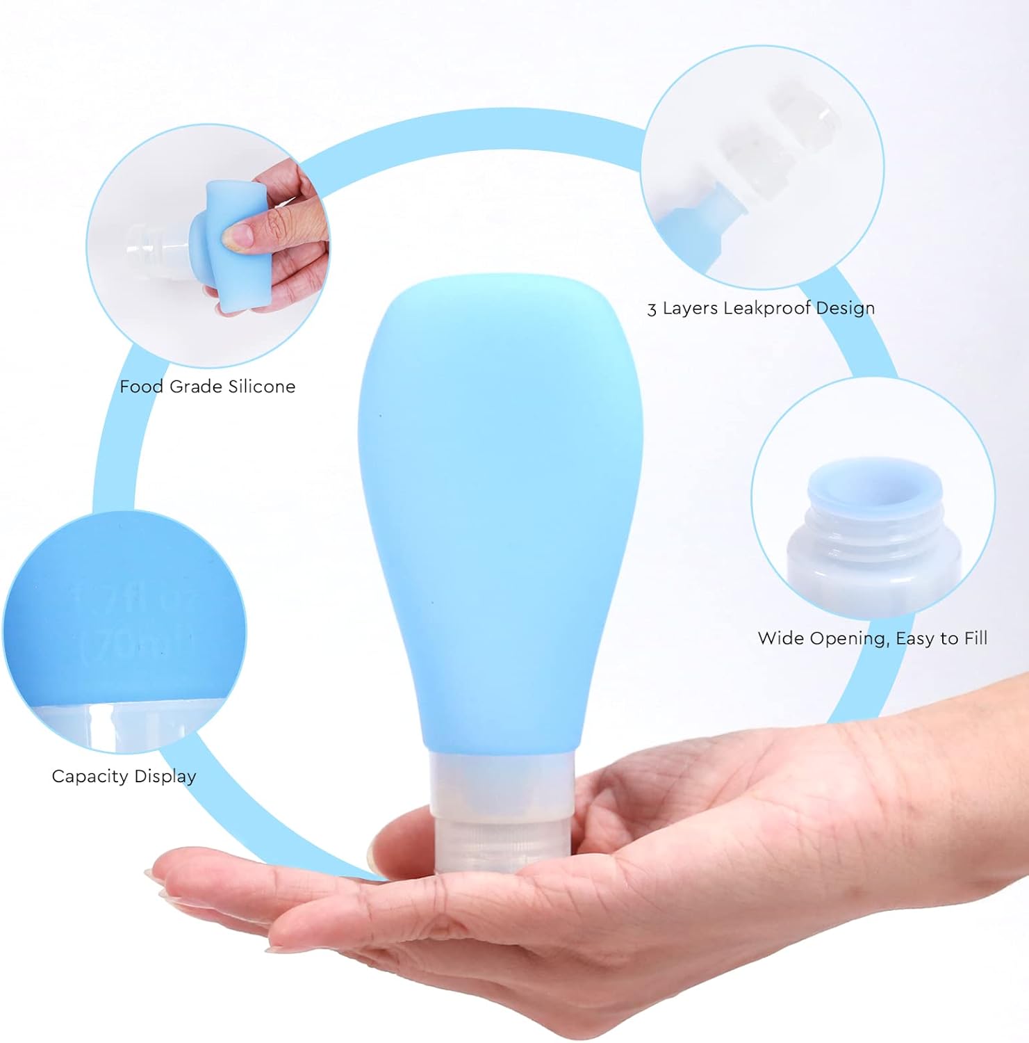 6 Pack Silicone Travel Bottles,70ml TSA Approved Leak Proof Refillable