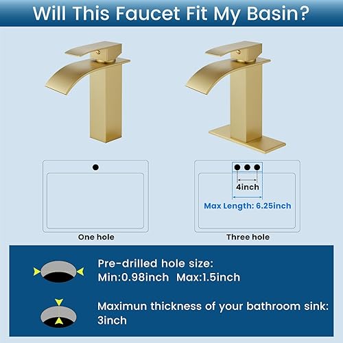 Miniatura 5 de Airuida Grifo de Lavabo de Baño con Caño de Cascada de Oro Cepillado de Una Sola Manija, Un Solo Orificio, Grifo Mezclador de Lavabo para RV,