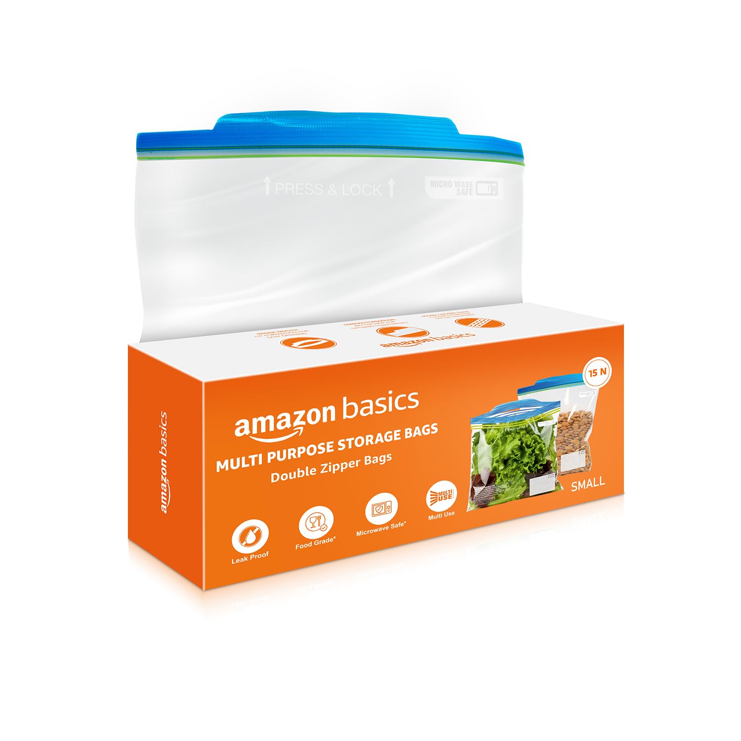Amazon Basics - Multipurpose Zip Lock Storage Bags | 15 Bags | Small | 21.3 x 18 cm | Reusable and Reclosable with Double Zipper | Material Plastic | Leak- Proof | Food Grade | Microwave Safe-image-38
