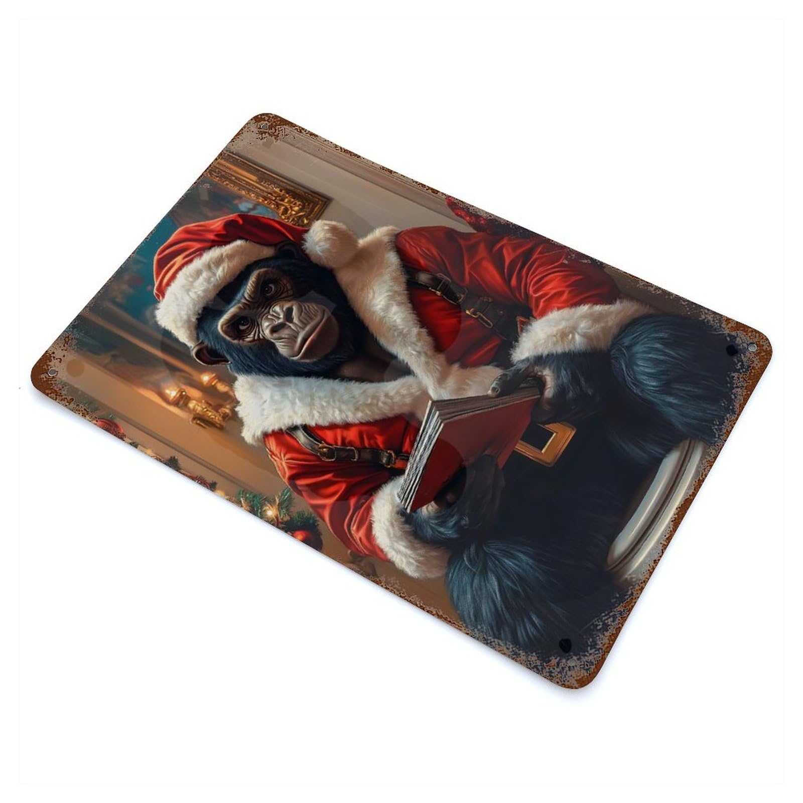 Aged Metal Wall Plaque with Santa Gorilla Design 11.8"x7.9", for Basement, Hobby Room And Garage Decor, Farmhouse Wall Decor