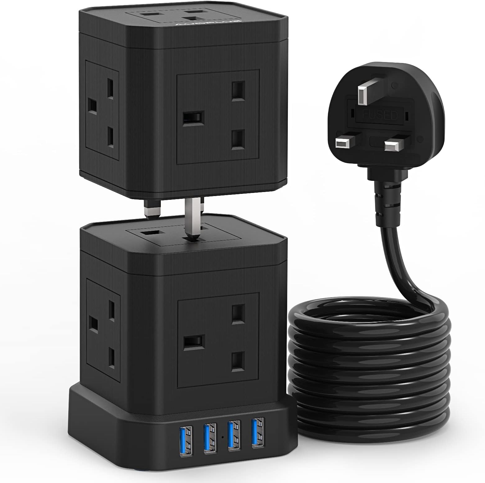 Tower Extension Lead with USB Slots,AUOPLUS 10 Way Plug Extension with 4 USB Charger,Black Multi Plug Extension Sockets 3250W/13A,Detach/Stackable Power Strip for Home Office