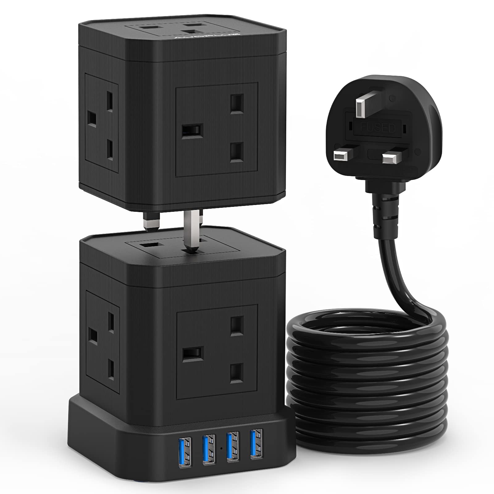 Tower Extension Lead with USB Slots,AUOPLUS 10 Way Plug Extension with 4 USB Charger,Black Multi Plug Extension Sockets 3250W/13A,Detach/Stackable Power Strip for Home Office