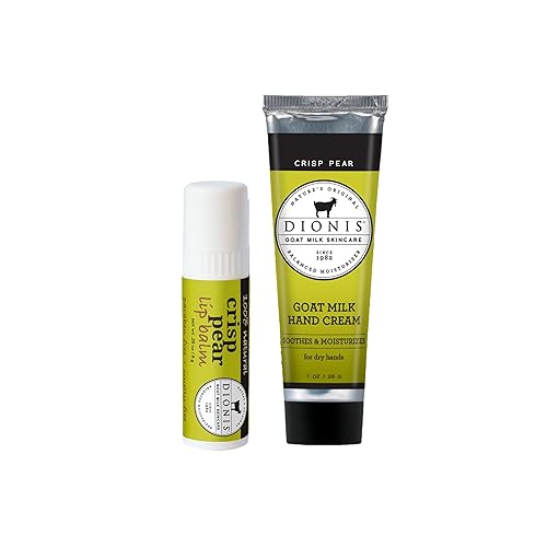 Dionis Juego de crema de manos y bálsamo labial con aroma a pera crujiente de leche de cabra (1 onza y 0.28 onzas), fabricado en los Estados Unidos,