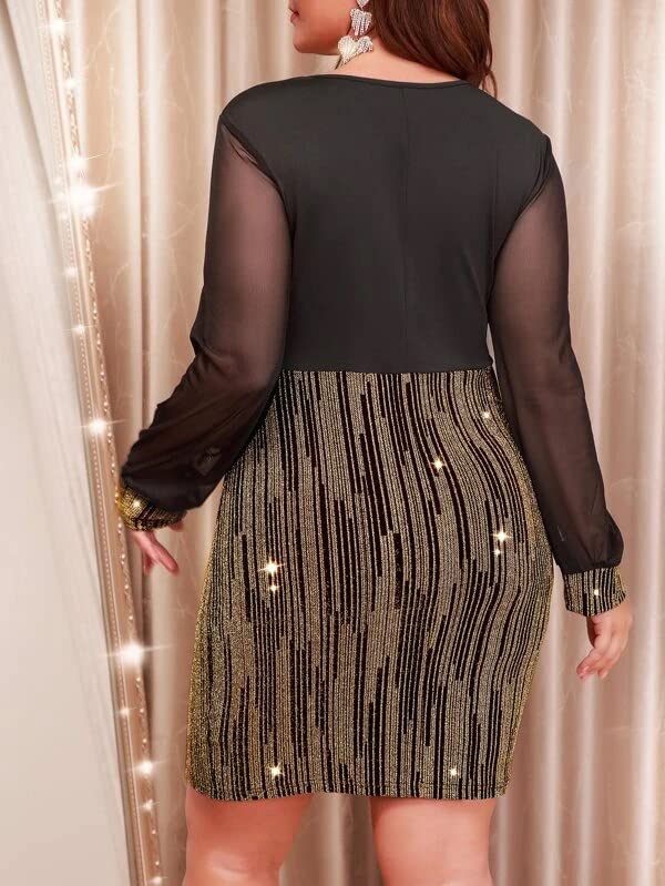 Image of RED DOT BOUTIQUE - 807 - Black Sheer Mesh Long Sleeves Club Sequins Dress Plus Size