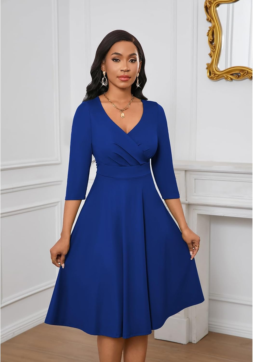Womens Summer Dress 3/4 Sleeves V Neck 1950s Retro Vintage Wedding Cocktail Party Swing Flowy Wrap Midi Dresses - Image 5
