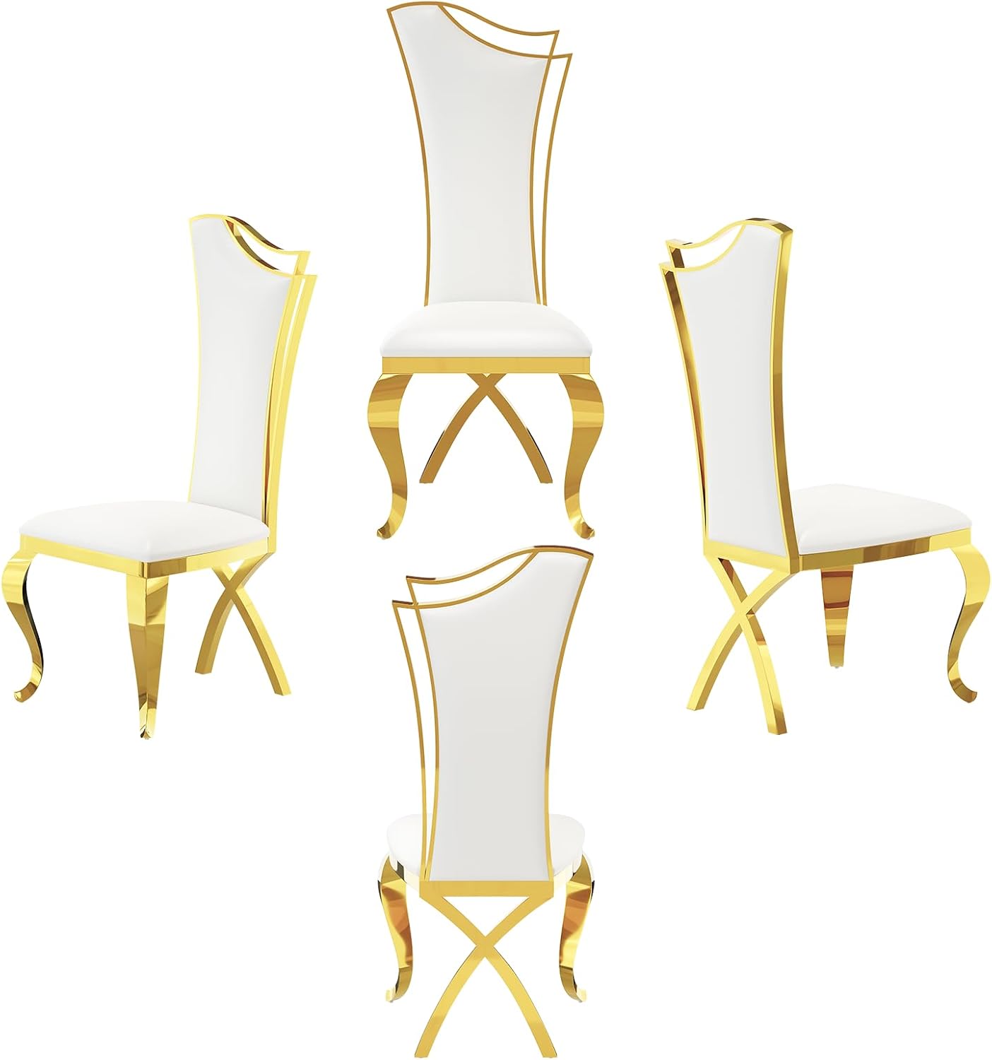 BQueen White and Gold Dining Chairs, Luxury Leather