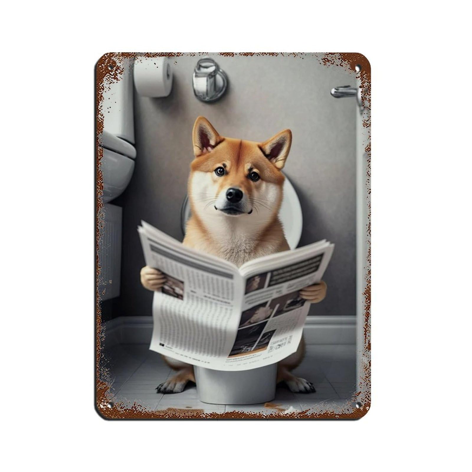 Shiba Inu Sitting on The Toilet Reading A Newspaper Tin Sign Vintage Metal Pub Club Cafe Bar Home Wall Art Decoration Poster Retro 12x16inch(30x40cm)