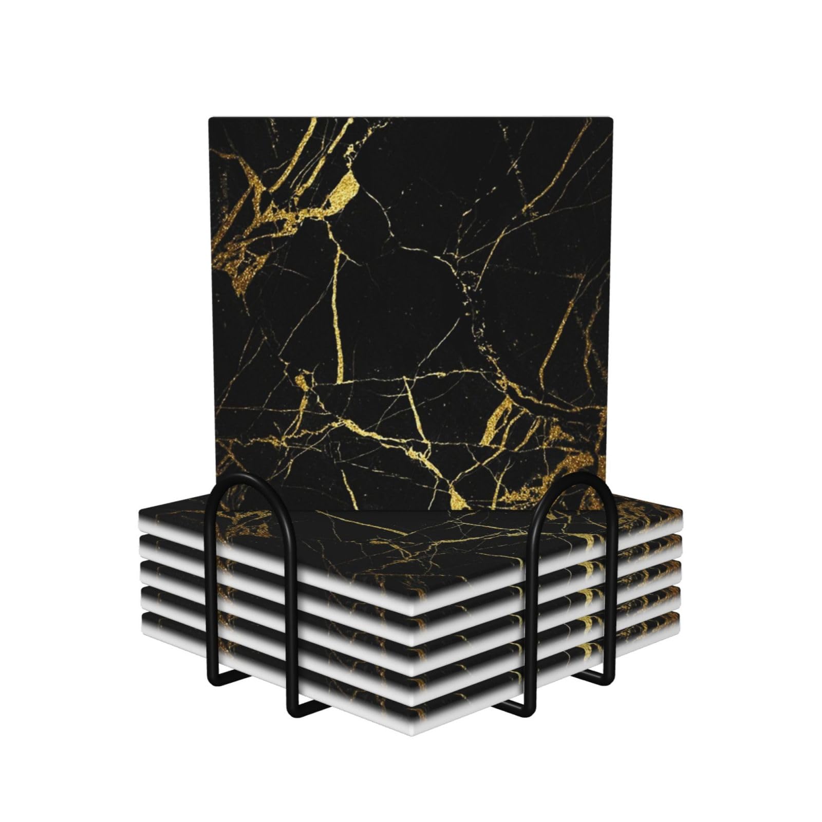 WKSGDSG Ceramic Coaster Set Of 6, Black Gold Marble Square Coasters For Drinks With Cork Base And Metal Holder Absorbent Anti Slip Coasters For Coffee Table Room Bar Home Decor Housewarming Gifts