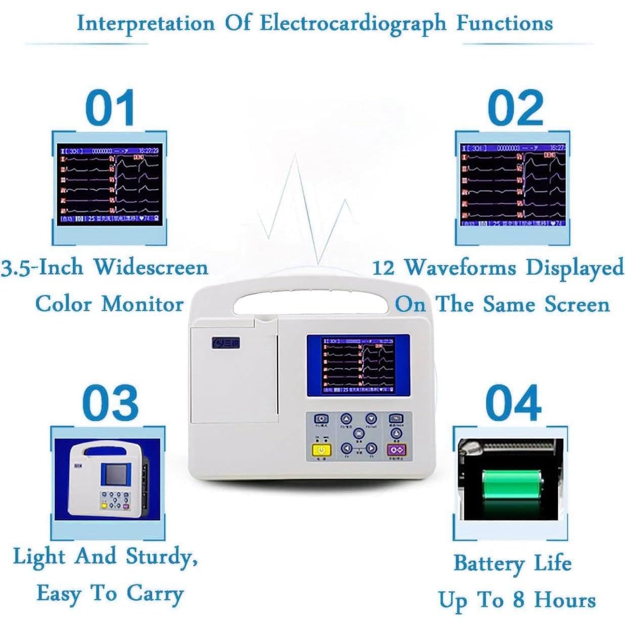 Monitor ECG, ECG digitale LCD professionale a 12 derivazioni e 3 canali con carta da stampa per la cura orale medica, i segni vitali,l'unità di terapia intensiva e la terapia intensiva cardiovascolare