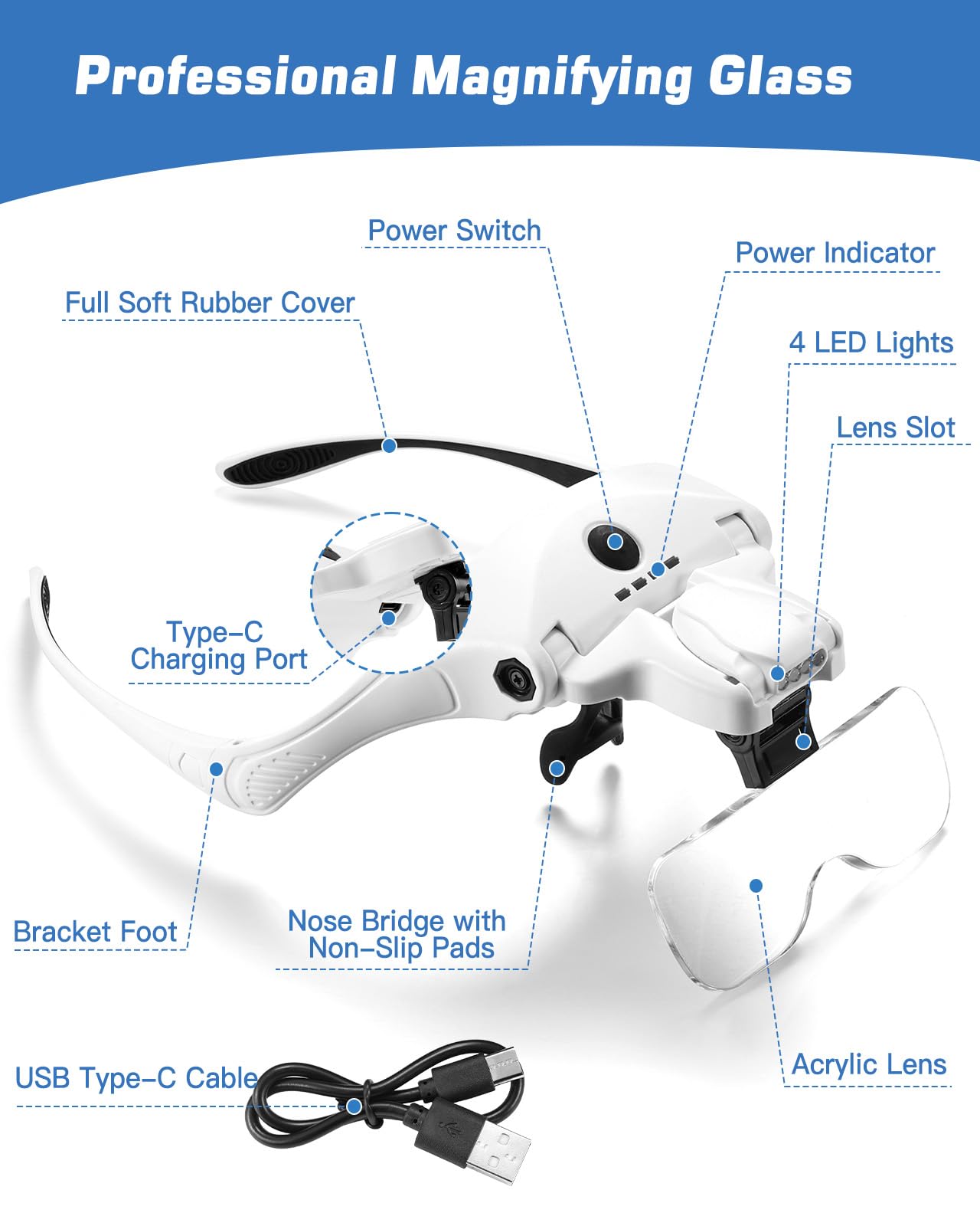 Lupa con Luz Anpro, 5 Lentes Desmontables (1X-3.5X), 4 LED con Brillo Ajustable, Lente de Aumento con Diadema Adicional para Trabajos Cercanos, Reparación de Joyas, Relojería, Manualidades.