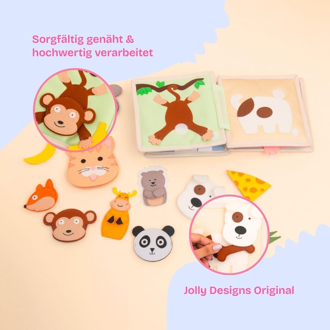 Jolly Designs – Tierfreunde - 6 Seiten Mini Quiet Book – Montessori Spielzeug ab 4 Monaten – Motorik & Sensorik fördern – Handgefertigtes Filzbuch – Lernspielzeug für Kleinkinder – Busy Book