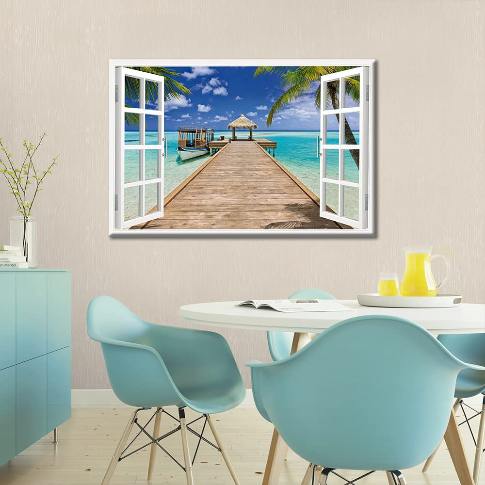 TISHIRON 3D Window Effect Seaside Coconut Tree Canvas Wall Art for Living Room Family Wall Decor Hang Pictures Wall Paintings Kitchen Office Canvas Art Prints Home Decor 16x24inch - Image 4
