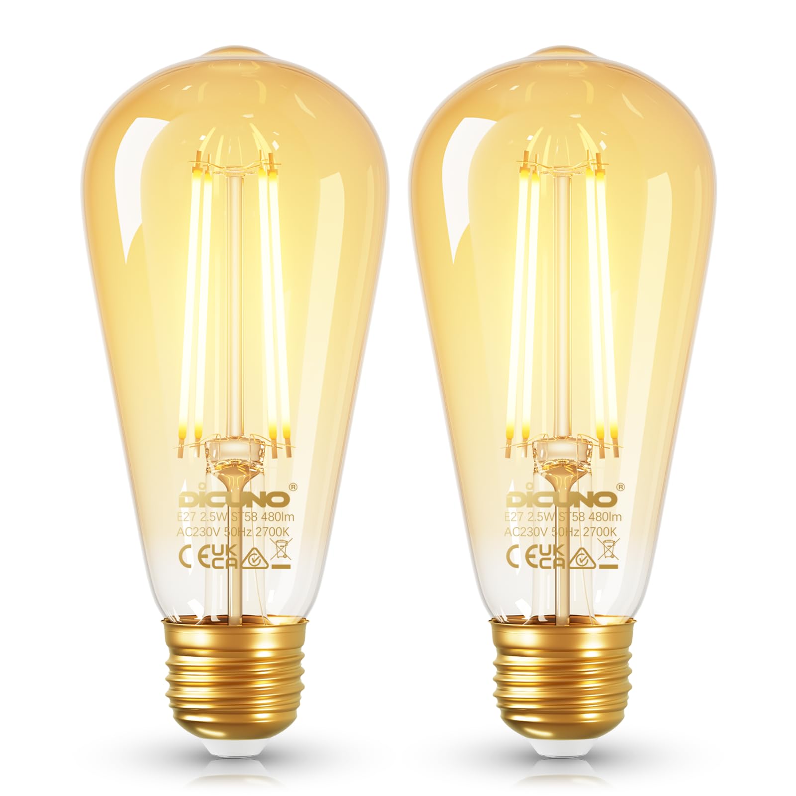 DiCUNO Vintage Light Bulb E27 Edison Screw Bulb ST58, 2.5W Equivalent to 40W, Energy Efficiency Class B Filament Glass LED
